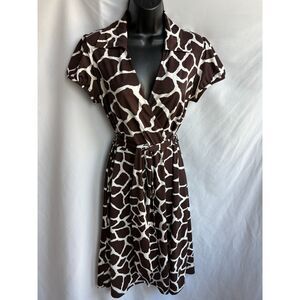 INC International Concepts Faux Wrap Zebra Print Dress Brown White Fit Flare M